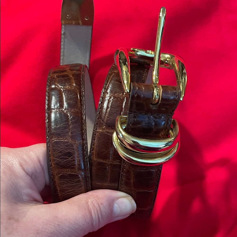 Brown Crocodile Pattern Belt with Gold Buckle